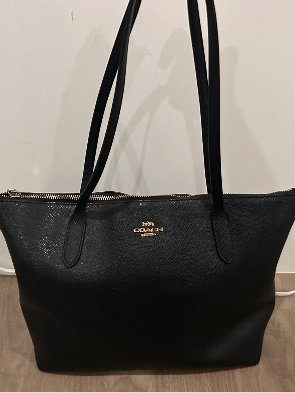 Coach Black Leather Tote with gold-tone Logo Zip closure